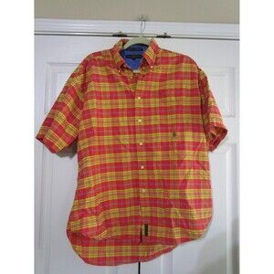 Tommy Hilfiger Mens Button Up Shirt Size Large Yellow Orange Plaid Short Sleeve